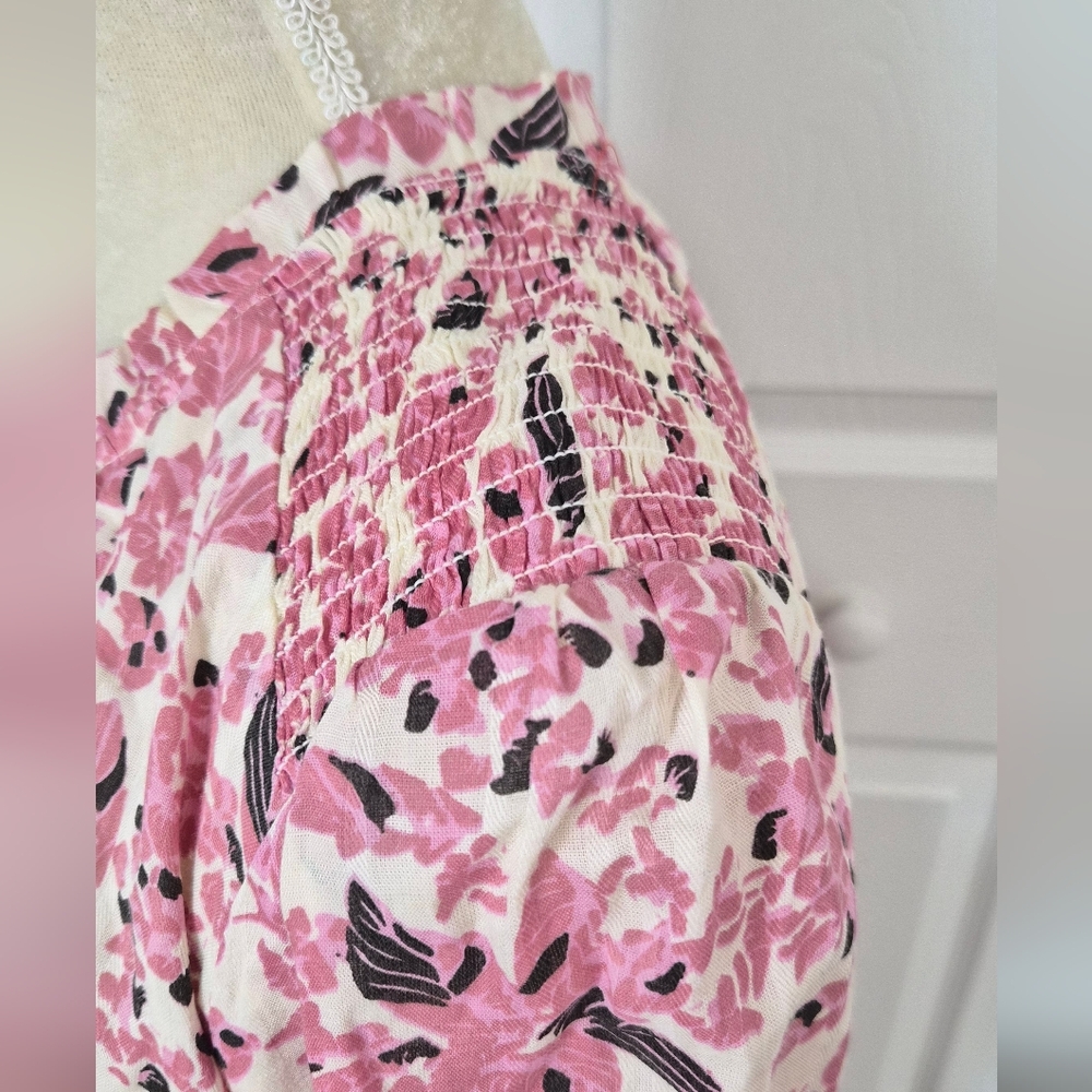 Evereve Roan + Ryan Pink Floral Smocked Mini Dress Long Sleeve Tie Neck Size S - Picture 6 of 9